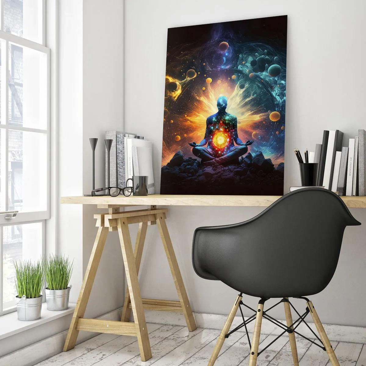 Glasbild - Bild auf glas - Eine meditierende Figur, umgeben von einer kosmischen Aura - 70x100cm - Kosmischer Frieden - Moderne Wanddekoration für Wohnzimmer und Schlafzimmer ARTTOR