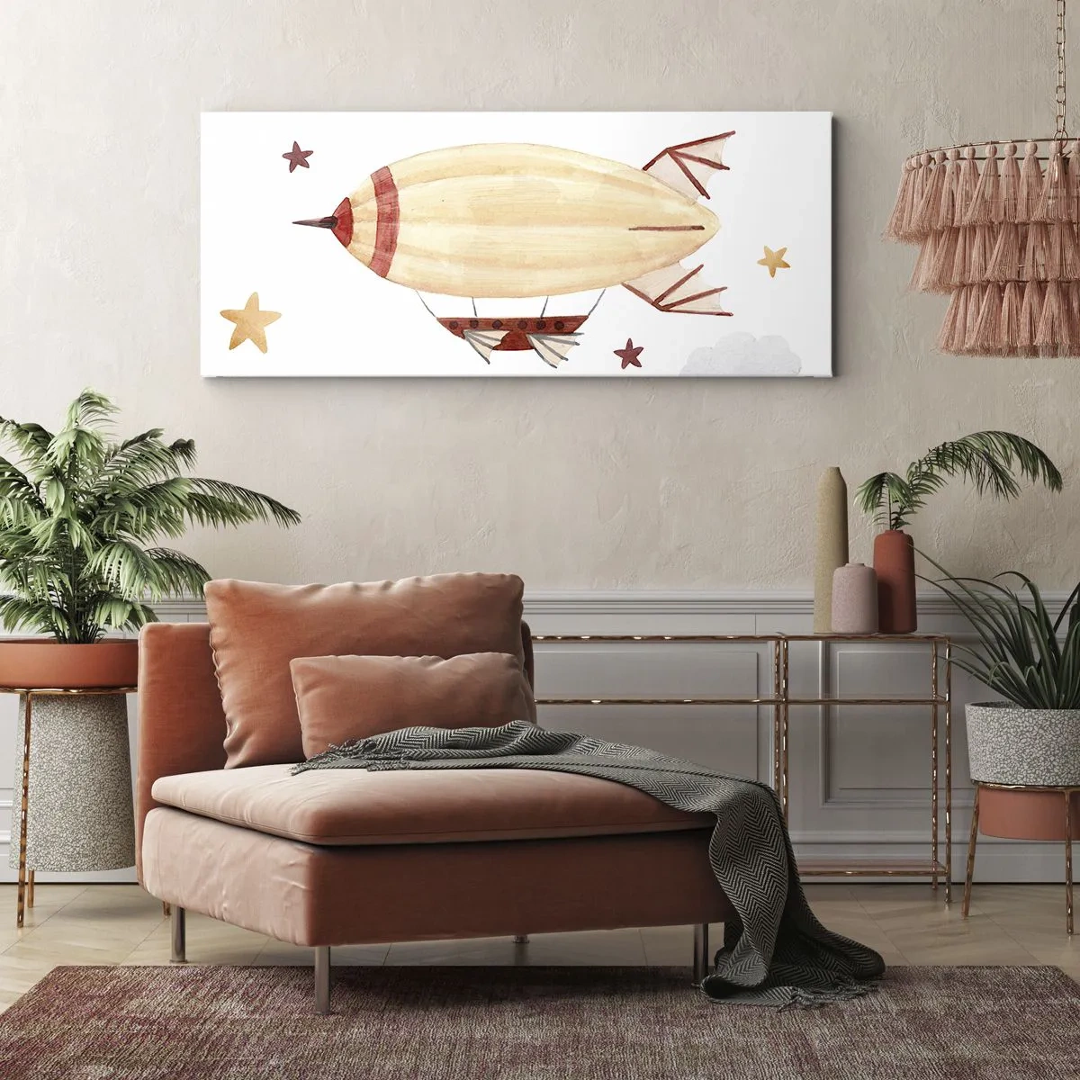Bild auf Leinwand - Leinwandbild - Ein handbemaltes Luftschiff vor Sternenhimmel - 140x50cm - Luftschiff - Moderne Wanddekoration für Wohnzimmer und Schlafzimmer ARTTOR