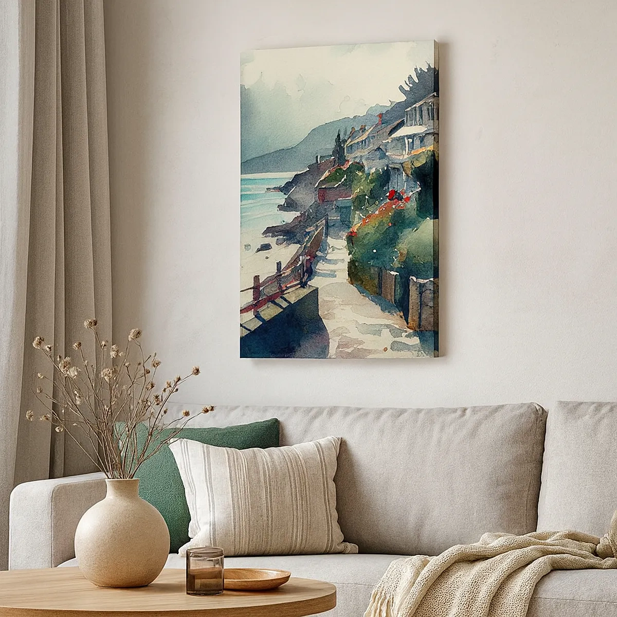 Bild auf Leinwand - Leinwandbild - Strandpromenade mit Häusern und Vegetation - 50x70cm - Mittelmeerstadt - Moderne Wanddekoration für Wohnzimmer und Schlafzimmer ARTTOR