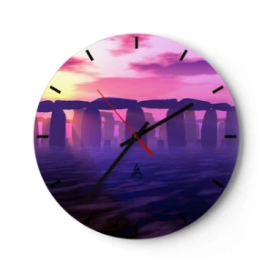 Wanduhr - Glasuhr - Ein Steinkreis im Licht der untergehenden Sonne - 30x30cm - Geheimnis im Morgengrauen im Nebel - Moderne Wanddekoration für Wohnzimmer, Küche und Schlafzimmer ARTTOR