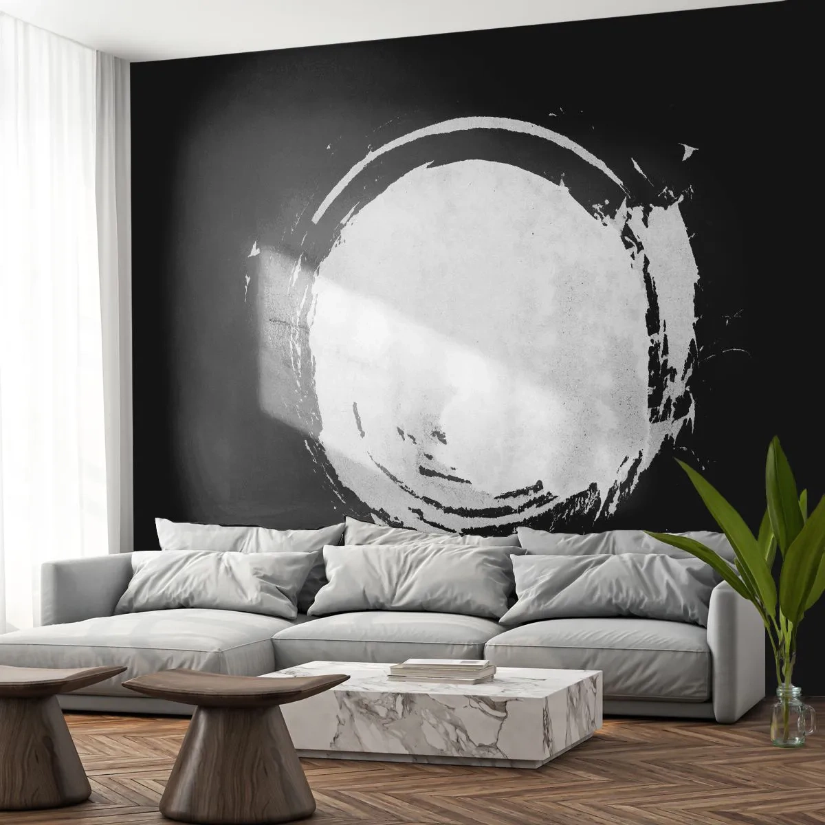 Fototapete Premium Sand - Ein weißer Kreis aus Pinselstrichen auf schwarzem Hintergrund - 100x70cm - Gute Möglichkeit - Moderne Wanddekoration für Wohnzimmer und Schlafzimmer ARTTOR
