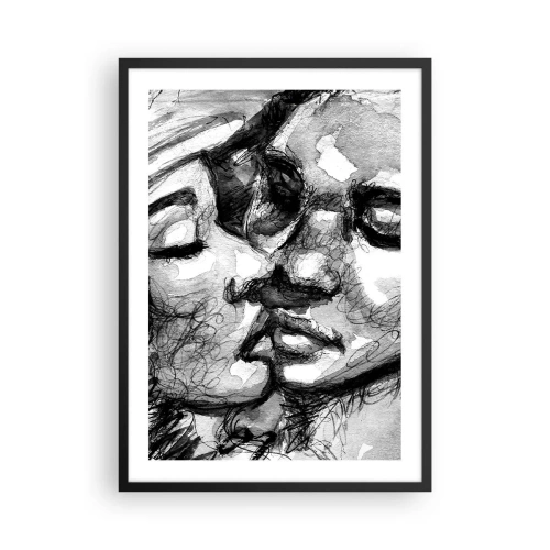 Poster in einem schwarzem Rahmen - Abstraktes Schwarz-Weiß-Porträt eines Kusses - 50x70cm - Zärtlicher Moment - Moderne Wanddekoration für Wohnzimmer und Schlafzimmer ARTTOR