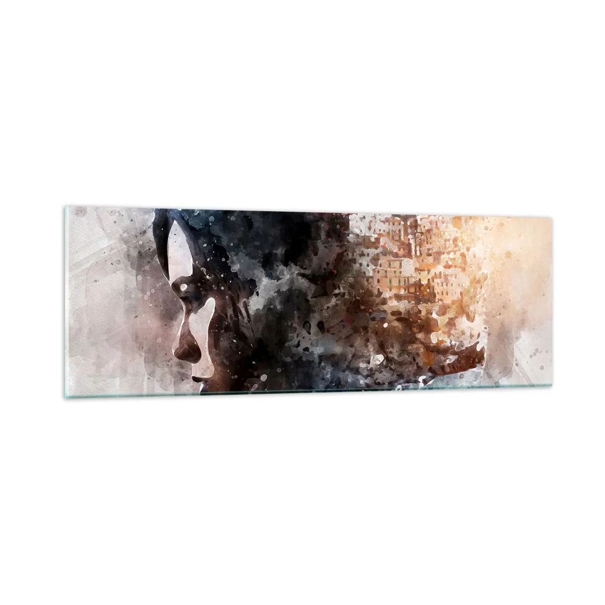 Glasbild - Bild auf glas - Eine Geschichte über ein Mädchen mit einer Stadt im Hintergrund - 90x30 cm