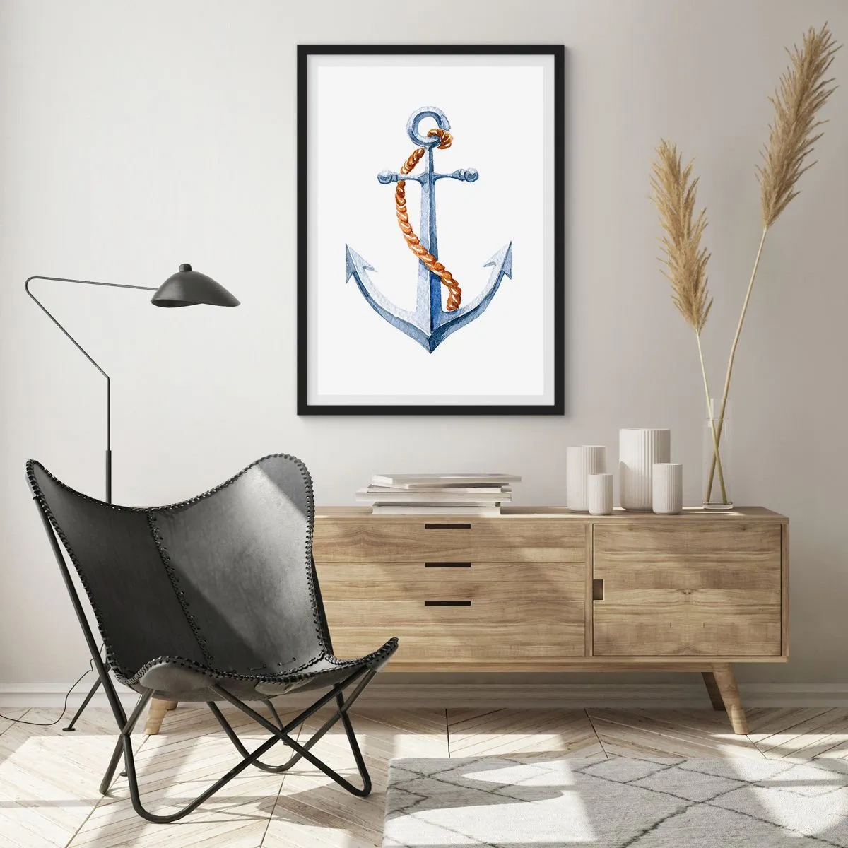 Poster in einem schwarzem Rahmen - Anker mit Seil im Aquarellstil - 50x70cm - Ahoi Abenteuer! - Moderne Wanddekoration für Wohnzimmer und Schlafzimmer ARTTOR