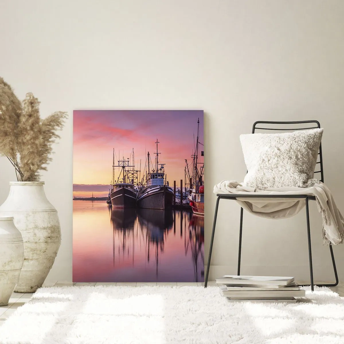 Glasbild - Bild auf glas - Fischerboote im Hafen bei Sonnenuntergang - 70x100cm - Vor dem nächsten Tag - Moderne Wanddekoration für Wohnzimmer und Schlafzimmer ARTTOR