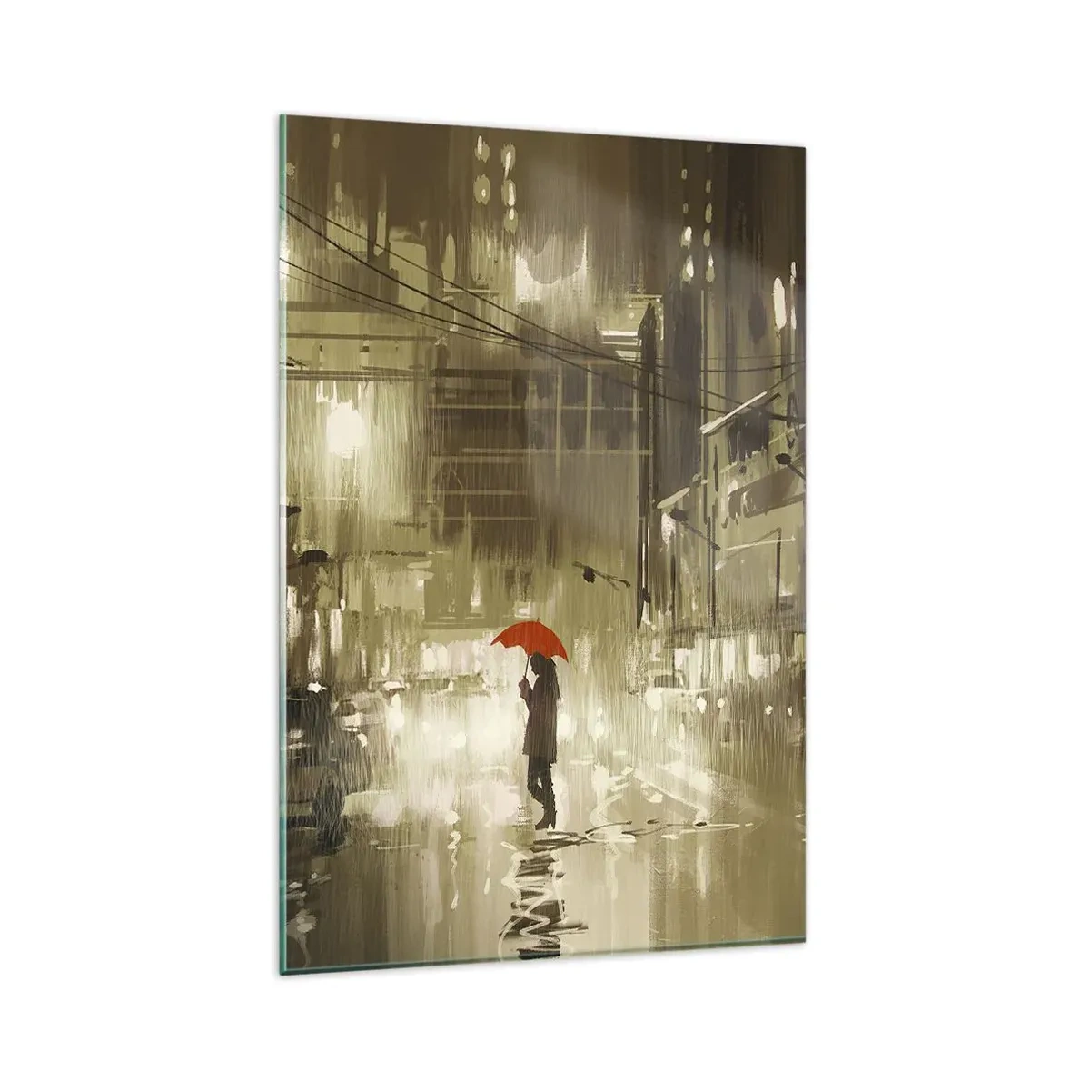 Glasbild - Bild auf glas - Eine Figur mit einem roten Regenschirm in einer verregneten Stadt - 80x120cm - Allein aber nicht einsam - Moderne Wanddekoration für Wohnzimmer und Schlafzimmer ARTTOR