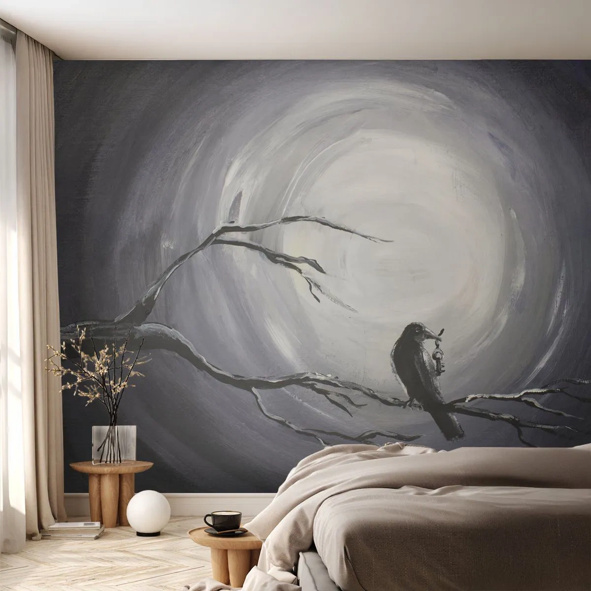 Fototapete Premium Sand - Der Schlüssel zum Geheimnis der Nacht - Abstraktion, Krähe, Vogel - 350x256 cm