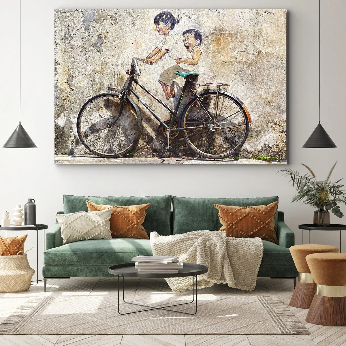 Bild auf Leinwand - Leinwandbild - Streetart mit Fahrrad und Kinderzeichnungen an der Wand - 100x70cm - Richtig oder falsch? - Moderne Wanddekoration für Wohnzimmer und Schlafzimmer ARTTOR