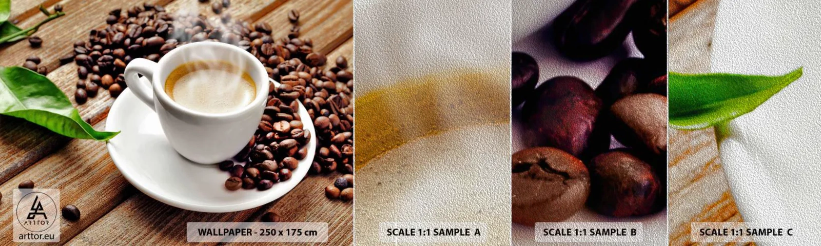 Fototapeten Muster Premium Sand - Kaffee auf der Bank - Gastronomie, Kaffee, Tasse - 100x30 cm