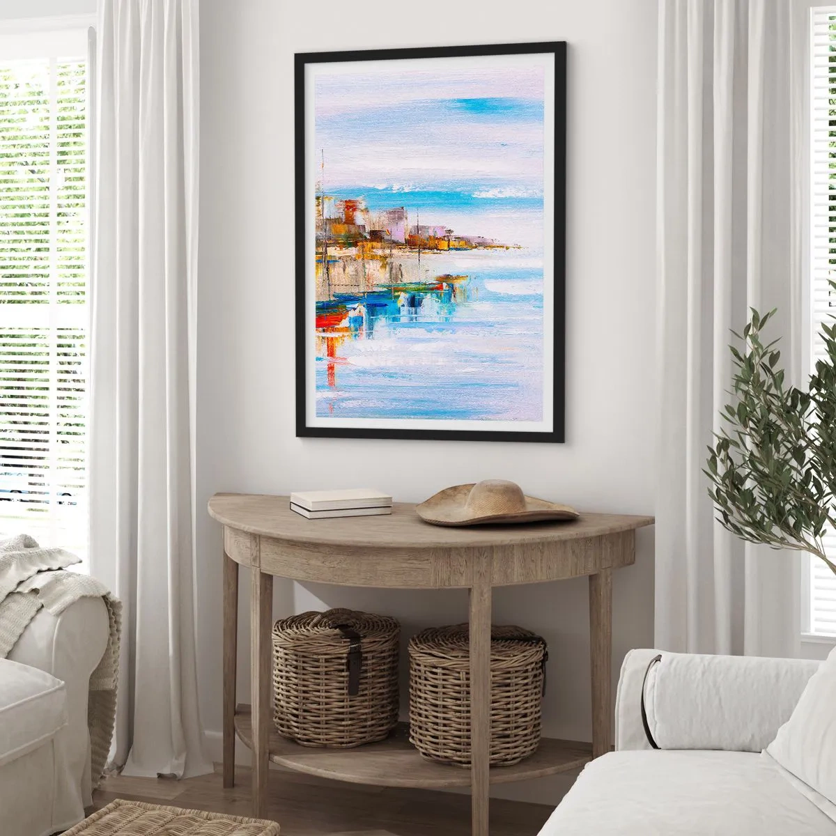 Poster in einem schwarzem Rahmen - Die farbenfrohe Landschaft der Küstenstadt - 50x70cm - Bunte urbane Oase - Moderne Wanddekoration für Wohnzimmer und Schlafzimmer ARTTOR