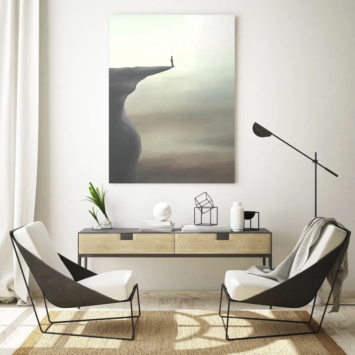 Glasbild - Bild auf glas - Silhouette einer Person, die am Rand einer Klippe über dem Nebel steht - 50x70cm - Nach oben, natürlich! - Moderne Wanddekoration für Wohnzimmer und Schlafzimmer ARTTOR