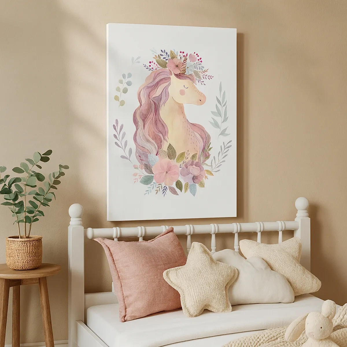 Bild auf Leinwand - Leinwandbild - Ein Einhorn in Pastellfarben, umgeben von Blumen - 50x70cm - Eine Einladung in die Welt der Märchen - Moderne Wanddekoration für Wohnzimmer und Schlafzimmer ARTTOR