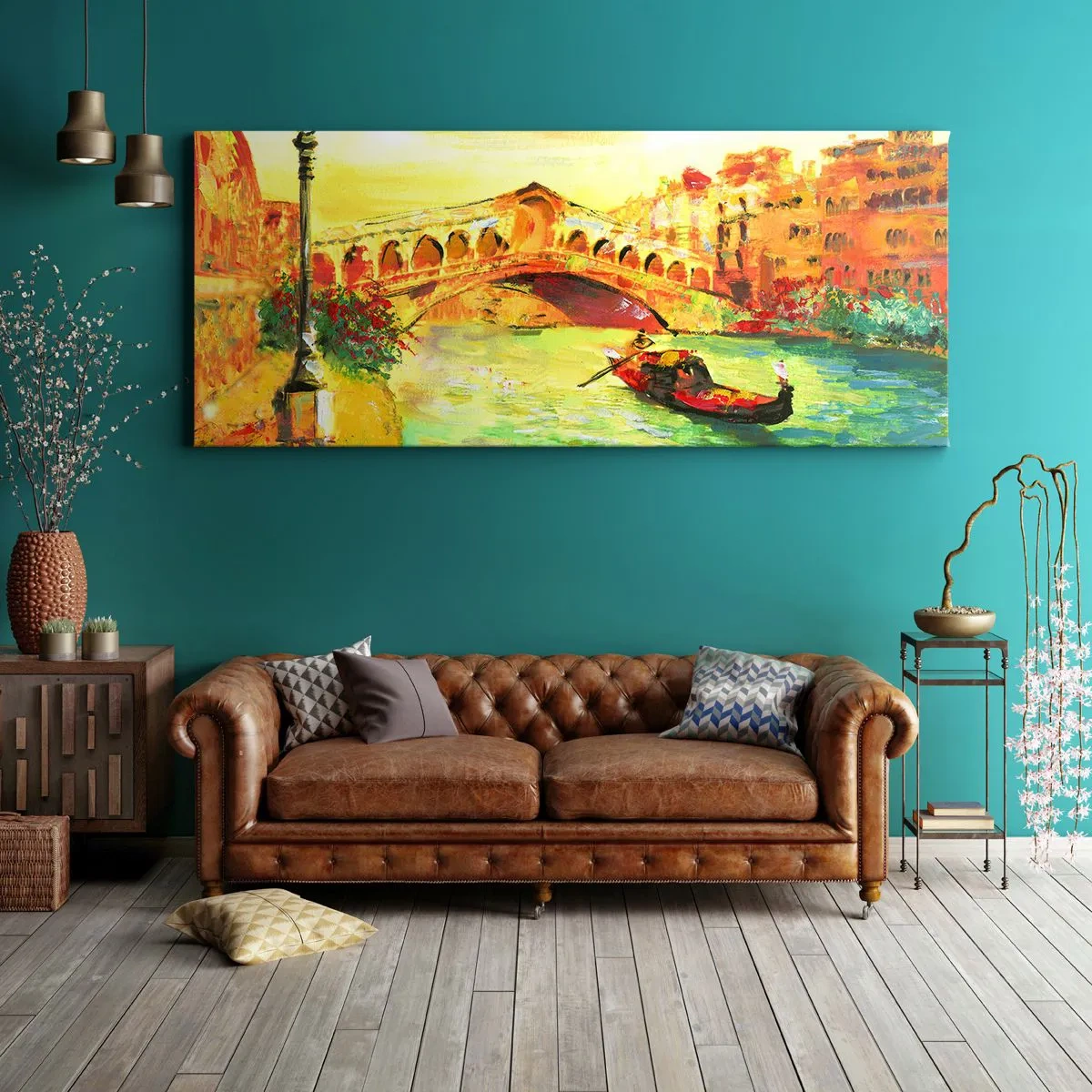 Bild auf Leinwand - Leinwandbild - Eine malerische Brücke über den Kanal mit einer Gondel im Licht der untergehenden Sonne - 140x50cm - Eine Pilgerreise der Liebenden - Moderne Wanddekoration für Wohnzimmer und Schlafzimmer ARTTOR
