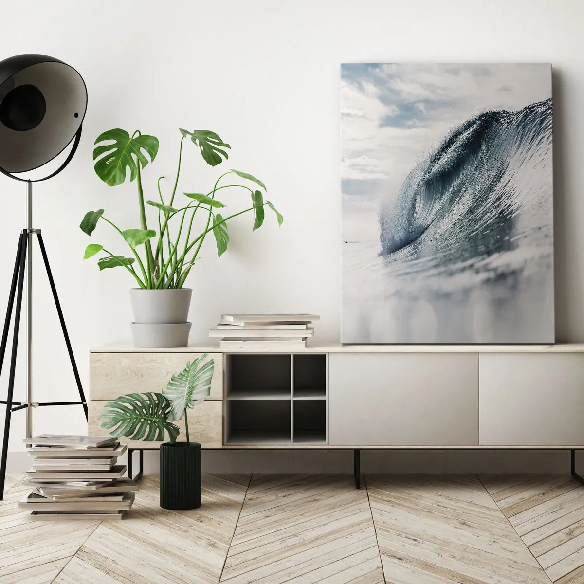 Bild auf Leinwand - Leinwandbild - Eine Meereswelle, eingefangen in einem dynamischen Moment vor dem Himmel - 50x70cm - Wasserspitze - Moderne Wanddekoration für Wohnzimmer und Schlafzimmer ARTTOR
