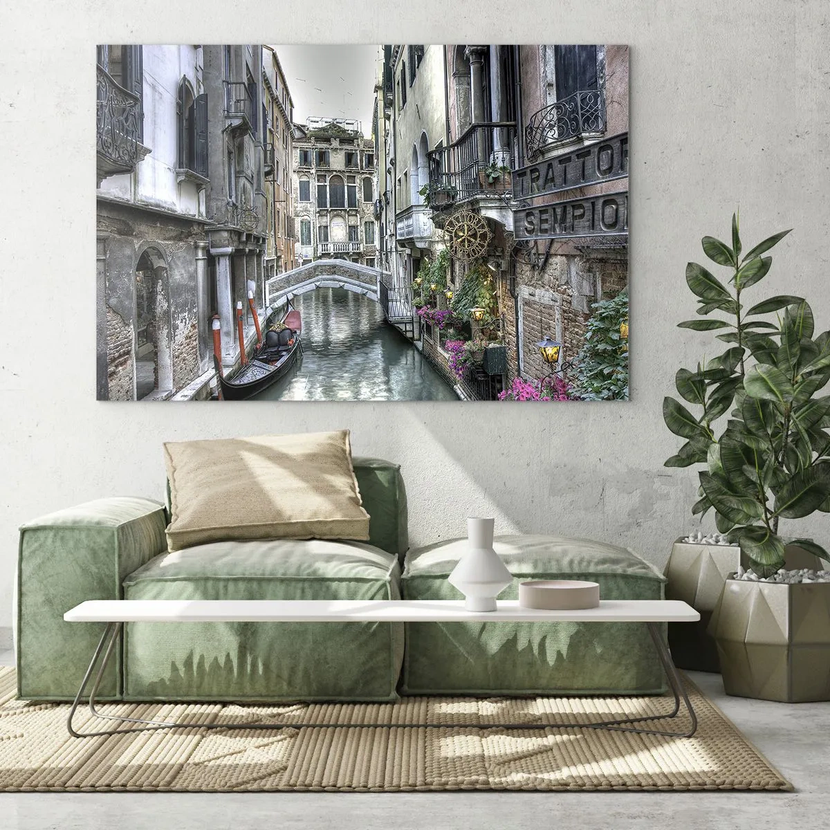 Glasbild - Bild auf glas - Romantischer Blick auf einen venezianischen Kanal mit einer Gondel - 100x70cm - Seit Jahrhunderten in stiller Besinnung - Moderne Wanddekoration für Wohnzimmer und Schlafzimmer ARTTOR