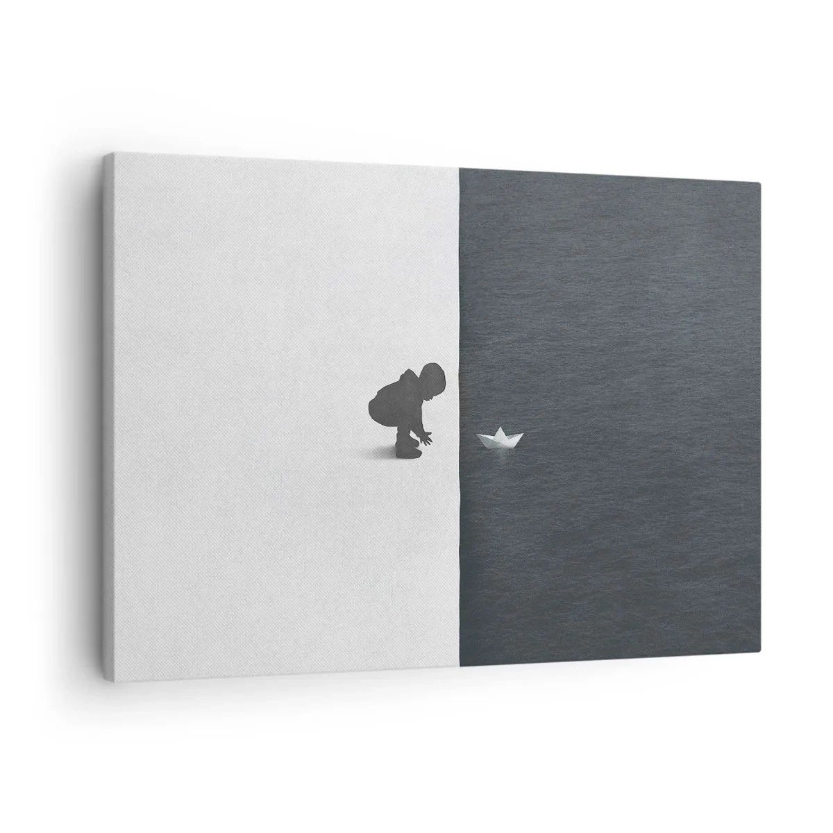 Bild auf Leinwand - Leinwandbild - Eine Kinderfigur mit einem Papierboot vor einem Hintergrund aus kontrastierenden Hälften - 70x50cm - Tolle Expedition - Moderne Wanddekoration für Wohnzimmer und Schlafzimmer ARTTOR