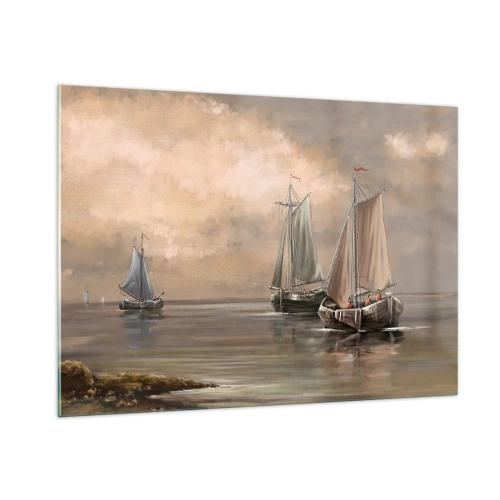 Glasbild - Bild auf glas - Drei Segelboote auf ruhiger See in Pastellfarben - 100x70cm - Die Rückkehr der Matrosen - Moderne Wanddekoration für Wohnzimmer und Schlafzimmer ARTTOR
