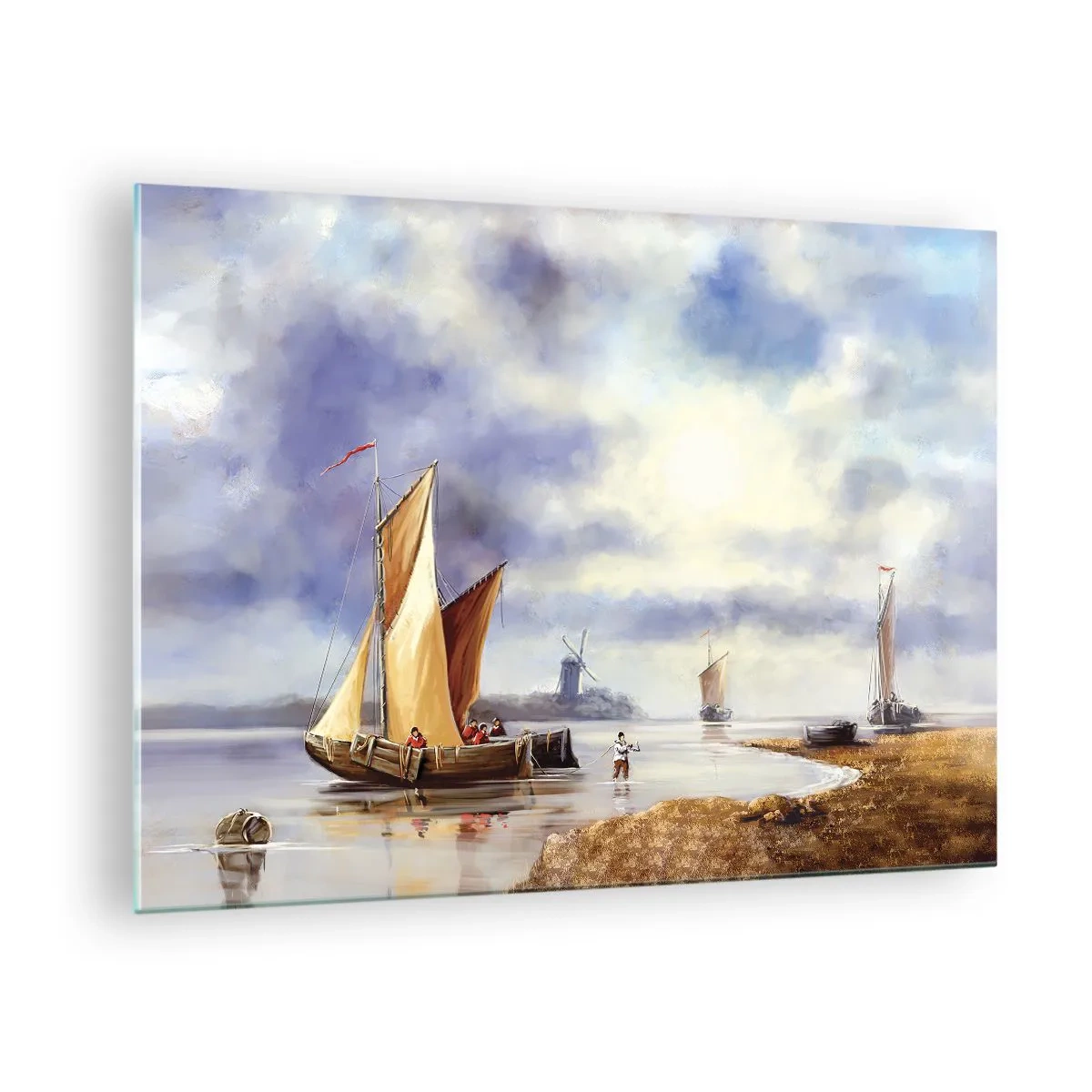 Glasbild - Bild auf glas - Segelboote auf einem ruhigen See mit Windmühlen im Hintergrund - 70x50cm - Die Rückkehr der Seeleute - Moderne Wanddekoration für Wohnzimmer und Schlafzimmer ARTTOR