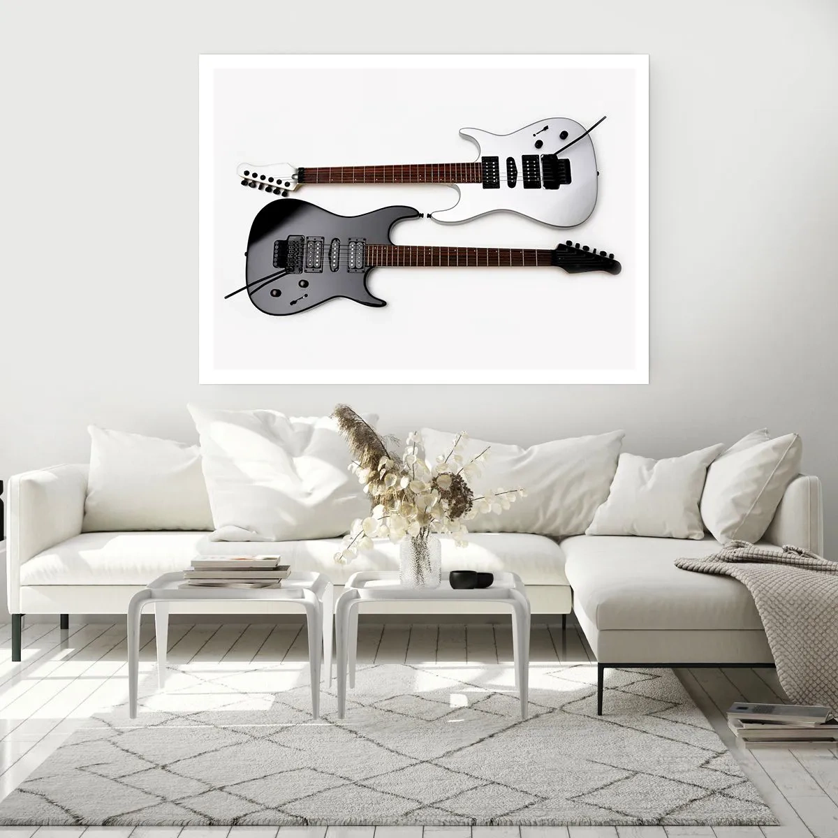 Poster - Zwei E-Gitarren in Schwarz und Weiß auf hellem Hintergrund. - 100x70cm - Harmonie der Formen - Moderne Wanddekoration für Wohnzimmer und Schlafzimmer ARTTOR