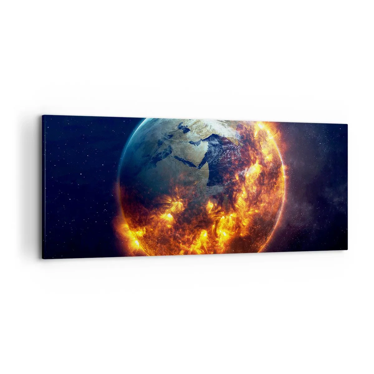 Bild auf Leinwand - Leinwandbild - Der Planet Erde brennt im Weltraum - 120x50cm - Die Flamme der Apokalypse - Moderne Wanddekoration für Wohnzimmer und Schlafzimmer ARTTOR