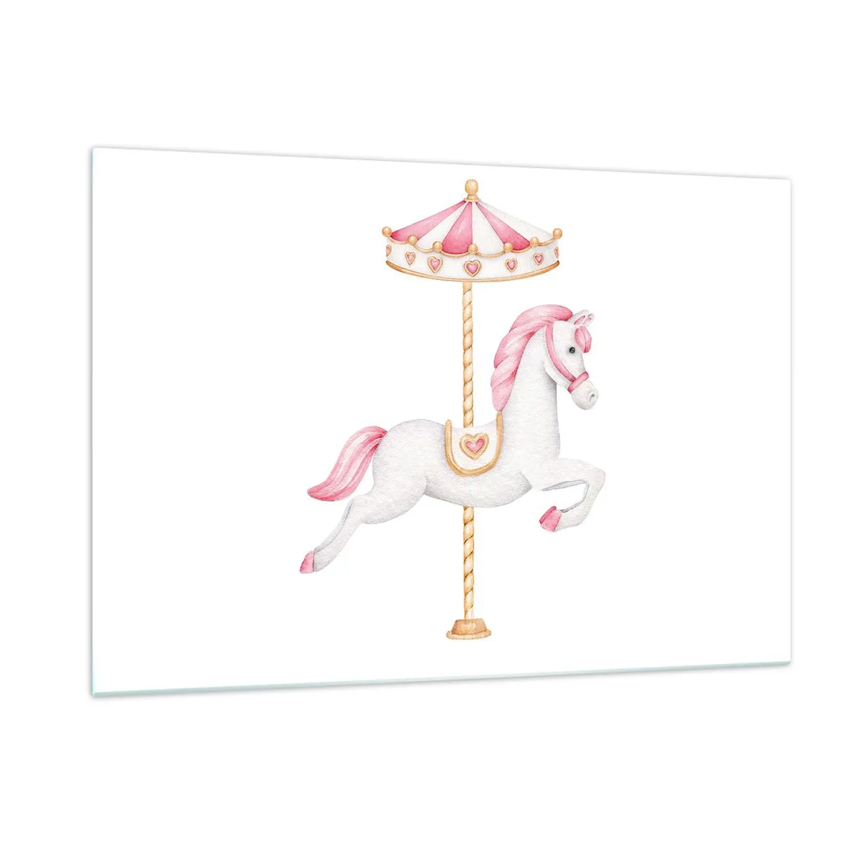Glasbild - Bild auf glas - Rosa und weißes Karussellpferd auf weißem Hintergrund - 120x80cm - Er legte los - Moderne Wanddekoration für Wohnzimmer und Schlafzimmer ARTTOR