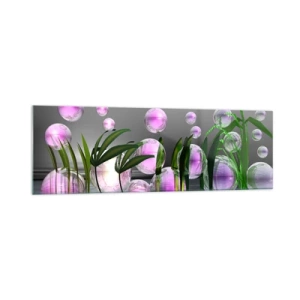Glasbild - Bild auf glas - Grüne Blätter und rosa Blasen über dem Wasser auf grauem Hintergrund - 160x50cm - Eine reflektierende Komposition aus Leichtigkeit und Leben - Moderne Wanddekoration für Wohnzimmer und Schlafzimmer ARTTOR