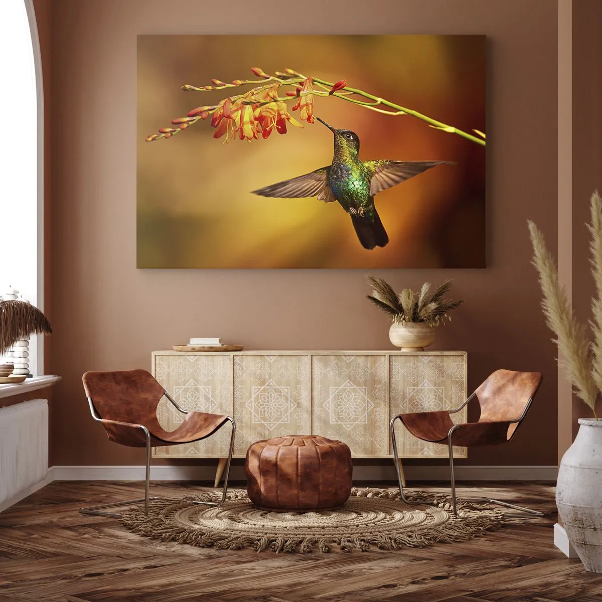 Bild auf Leinwand - Leinwandbild - Kolibri neben einer Blume im warmen Licht - 70x50cm - Ein Lichtbote nach den Maya - Moderne Wanddekoration für Wohnzimmer und Schlafzimmer ARTTOR