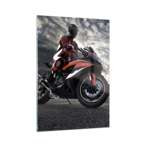 Glasbild - Bild auf glas - Ein Motorradfahrer auf einer Rennstrecke unter stürmischem Himmel - 50x70cm - Dunkler Reiter - Moderne Wanddekoration für Wohnzimmer und Schlafzimmer ARTTOR