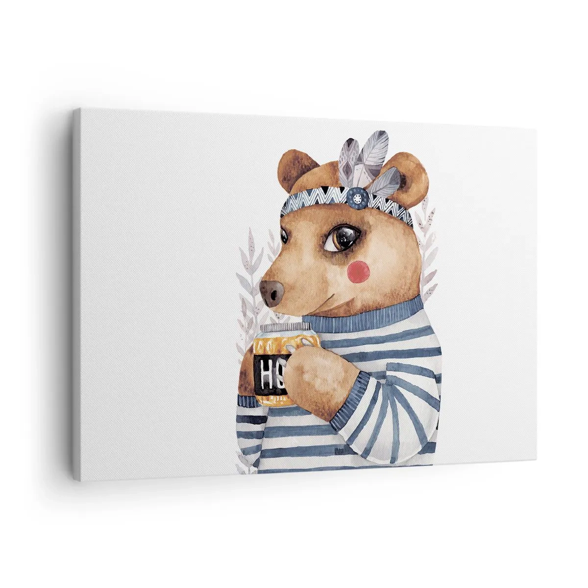 Bild auf Leinwand - Leinwandbild - Ein Teddybär im gestreiften Pullover mit einer Tasse Honig - 70x50cm - Süße Bärin - Moderne Wanddekoration für Wohnzimmer und Schlafzimmer ARTTOR