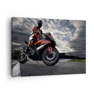 Bild auf Leinwand - Leinwandbild - Ein Motorradfahrer auf einem Sportmotorrad vor bewölktem Himmel - 70x50cm - Dunkler Reiter - Moderne Wanddekoration für Wohnzimmer und Schlafzimmer ARTTOR