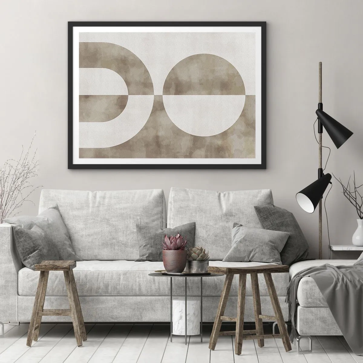 Poster in einem schwarzem Rahmen - Ein abstraktes Gemälde in Beigetönen mit geometrischen Formen und Symmetrie. - 70x50cm - Ähnlichkeiten und Unterschiede - Moderne Wanddekoration für Wohnzimmer und Schlafzimmer ARTTOR