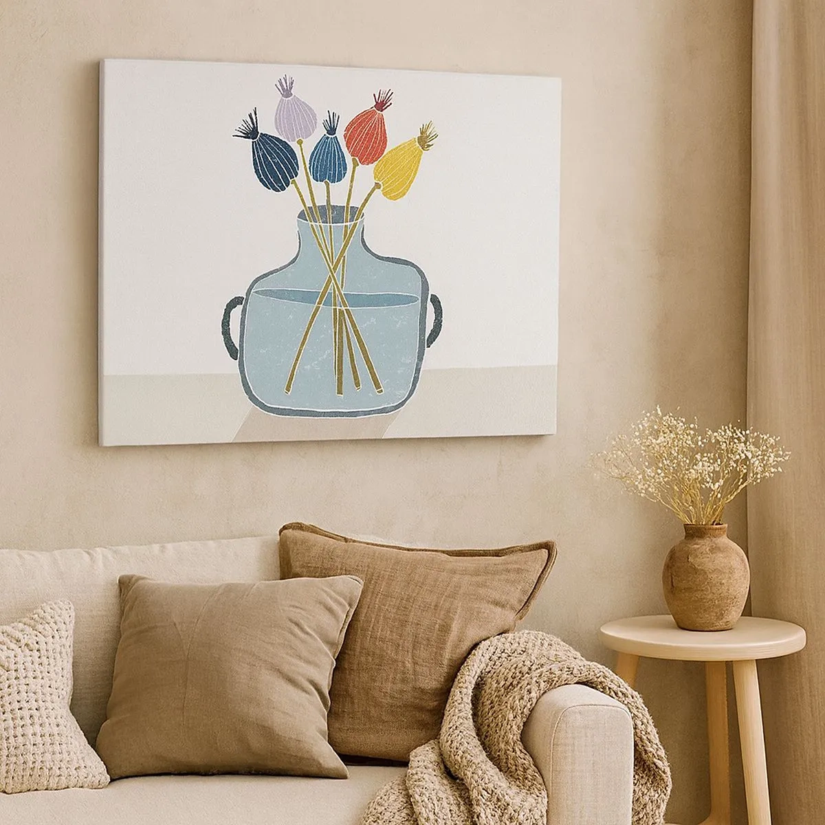 Bild auf Leinwand - Leinwandbild - Bunte Trockenblumen in einer Vase auf weißem Hintergrund - 70x50cm - Es ist mucksmäuschenstill - Moderne Wanddekoration für Wohnzimmer und Schlafzimmer ARTTOR
