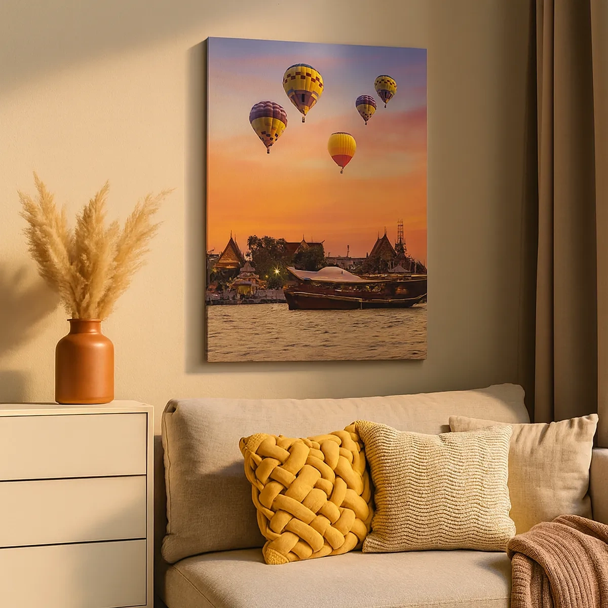 Bild auf Leinwand - Leinwandbild - Ein Tempel und Ballons vor dem Hintergrund der untergehenden Sonne über dem Fluss - 50x70cm - Hier werden Märchen geboren - Moderne Wanddekoration für Wohnzimmer und Schlafzimmer ARTTOR