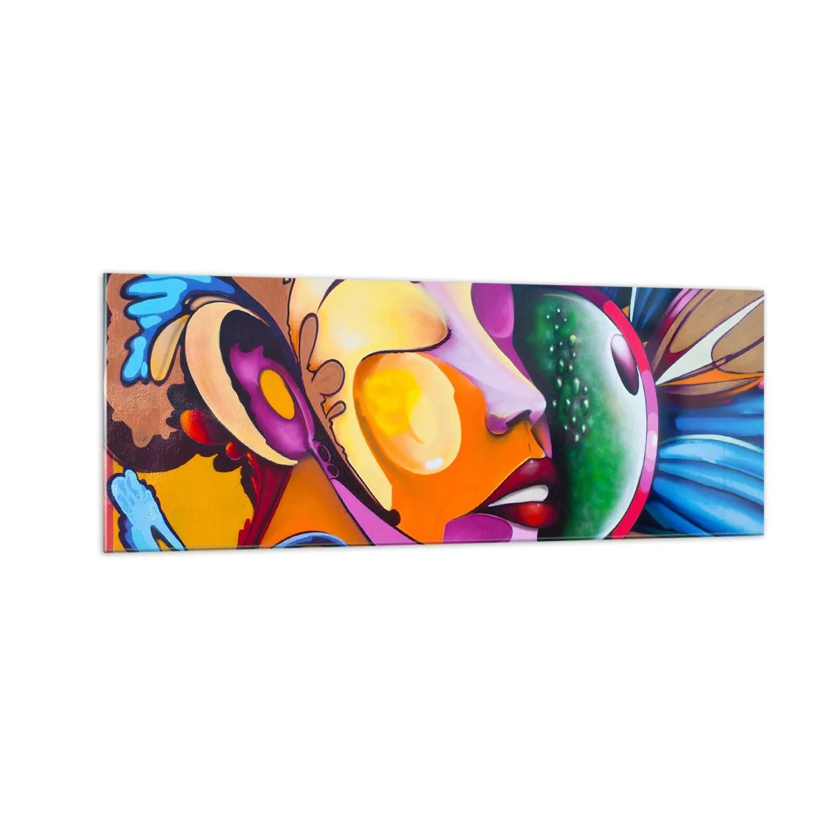 Glasbild - Bild auf glas - Eine farbenfrohe Abstraktion mit einem Gesichtsmotiv in einer dynamischen Komposition - 140x50cm - Mit Farbe berühren - Moderne Wanddekoration für Wohnzimmer und Schlafzimmer ARTTOR