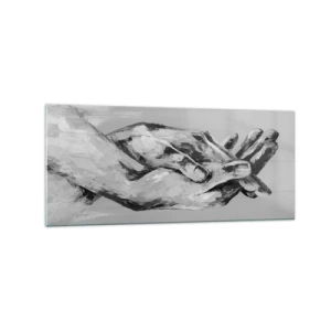 Glasbild - Bild auf glas - Eine Schwarz-Weiß-Komposition aus zwei gefalteten Händen auf hellem Hintergrund. - 120x50cm - Anfang… - Moderne Wanddekoration für Wohnzimmer und Schlafzimmer ARTTOR