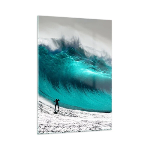 Glasbild - Bild auf glas - Ein Surfer vor einer riesigen Welle - 50x70cm - Herausforderung angenommen - Moderne Wanddekoration für Wohnzimmer und Schlafzimmer ARTTOR