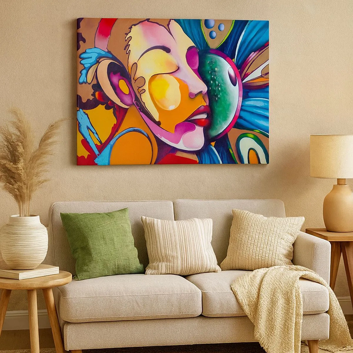 Bild auf Leinwand - Leinwandbild - Eine farbenfrohe Abstraktion mit einem Gesichtsmotiv in einer dynamischen Komposition - 70x50cm - Mit Farbe berühren - Moderne Wanddekoration für Wohnzimmer und Schlafzimmer ARTTOR
