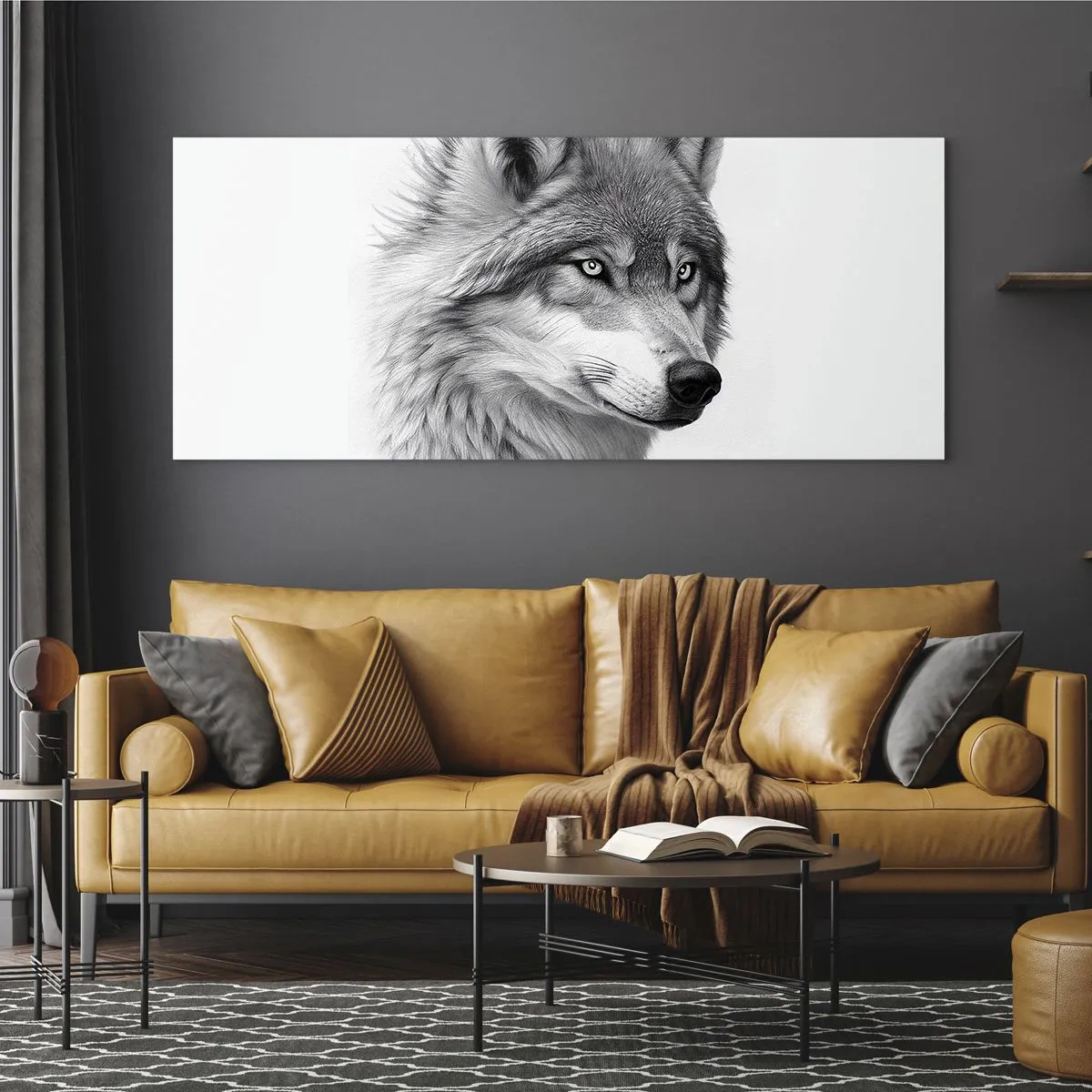 Glasbild - Bild auf glas - Ein realistisches Porträt eines Wolfes in Grautönen. - 160x50cm - Alpha – ohne Zweifel - Moderne Wanddekoration für Wohnzimmer und Schlafzimmer ARTTOR