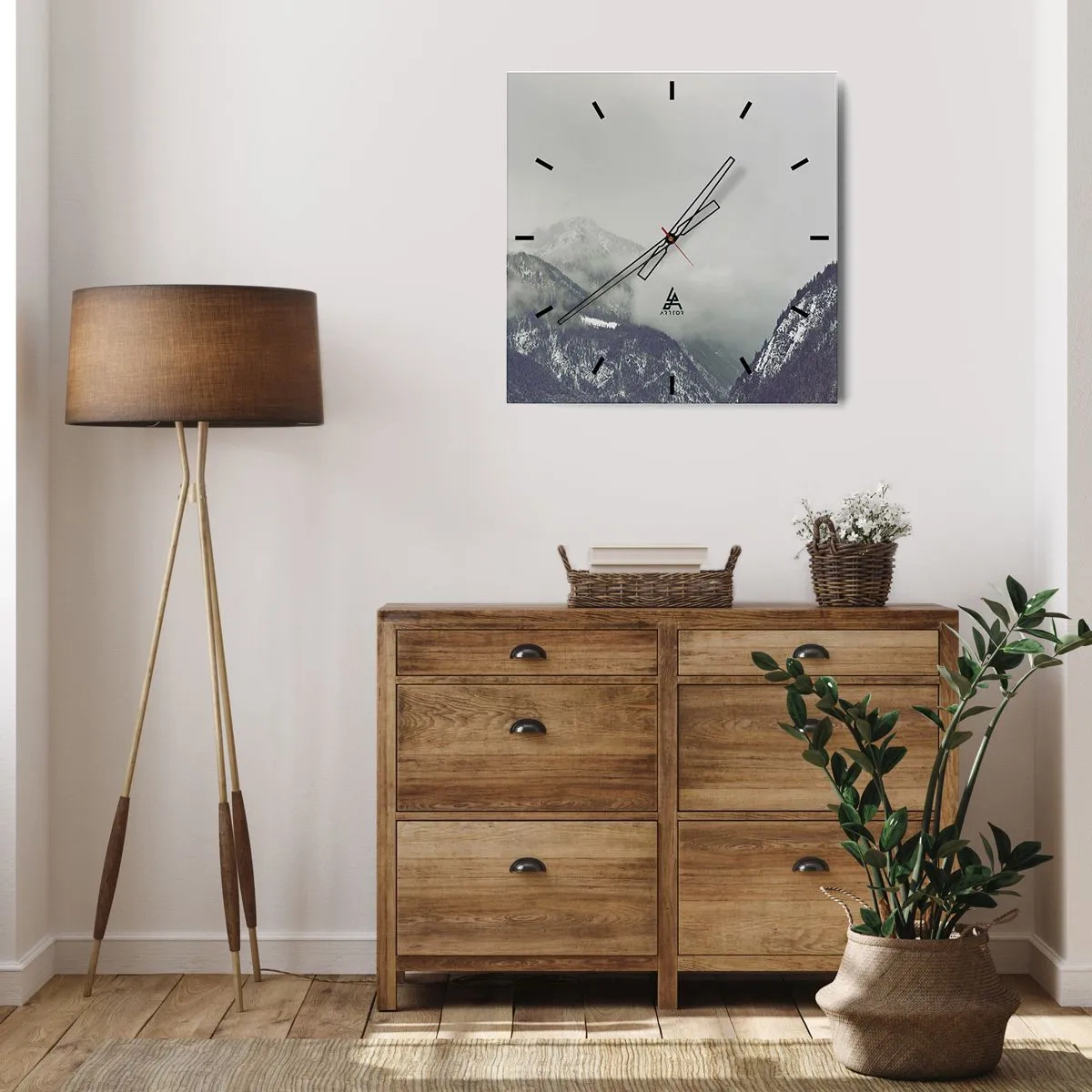Wanduhr - Glasuhr - Ein in Nebel gehülltes Bergtal in Grautönen - 30x30cm - Nebliges Tal - Moderne Wanddekoration für Wohnzimmer und Schlafzimmer ARTTOR