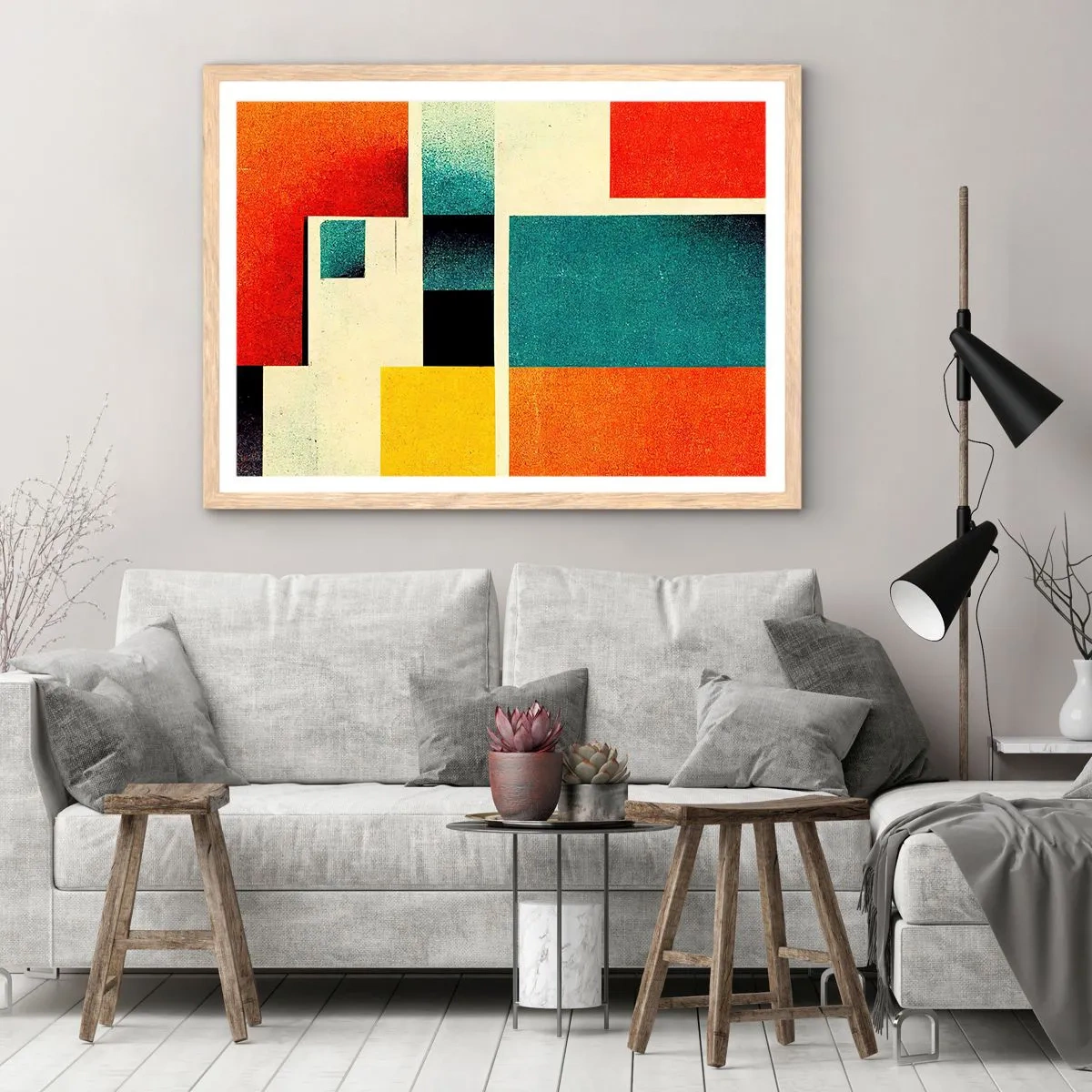 Poster in einem Rahmen aus heller Eiche - Geometrische Abstraktion – gute Energie - 70x50 cm