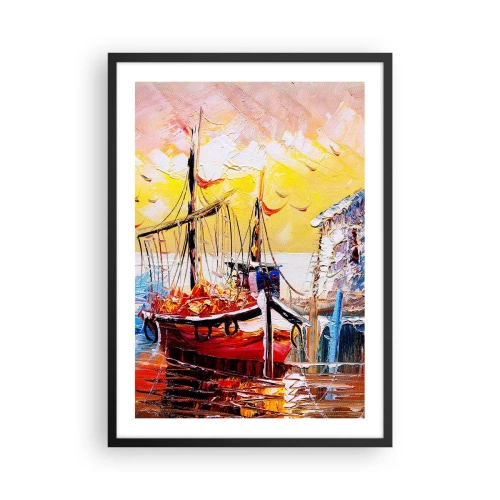 Poster in einem schwarzem Rahmen - Ein malerisches Schiff vor der Kulisse der untergehenden Sonne - 50x70cm - Glückliche Rückkehr - Moderne Wanddekoration für Wohnzimmer und Schlafzimmer ARTTOR