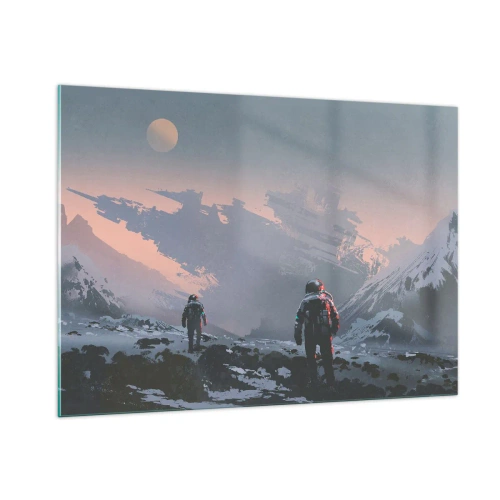 Glasbild - Bild auf glas - Astronauten auf einem fremden Planeten mit einem Schiffswrack im Hintergrund - 100x70cm - Unter einem unbekannten Stern - Moderne Wanddekoration für Wohnzimmer und Schlafzimmer ARTTOR