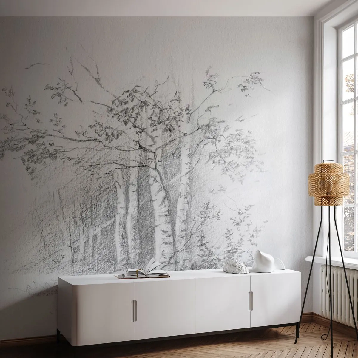 Fototapete Premium Sand - Das Licht des Birkenwaldes - Wald, Birke, Bäume - 500x350 cm