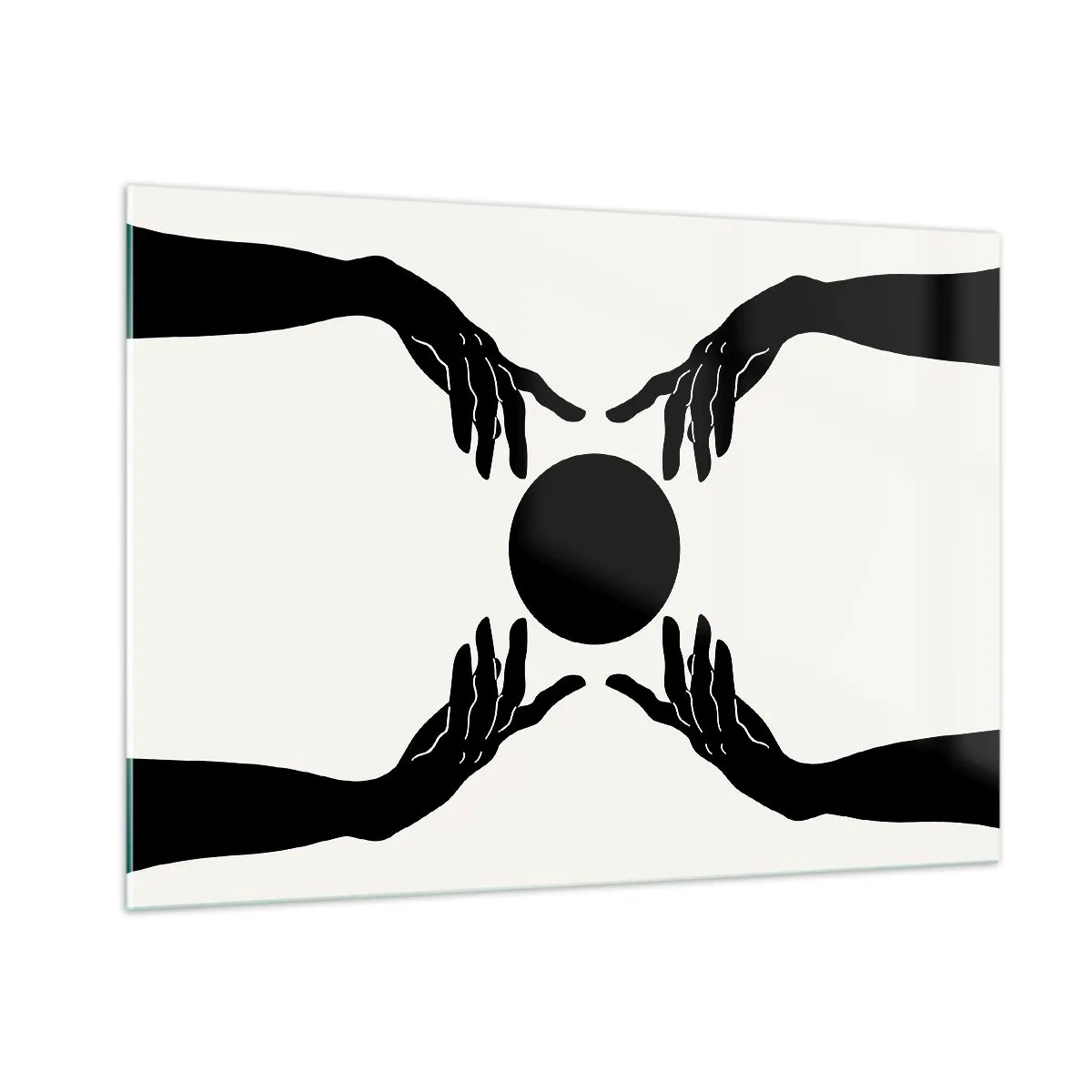 Glasbild - Bild auf glas - Schwarze Hände um einen schwarzen Kreis auf hellem Hintergrund - 100x70cm - Geheimes Zeichen - Moderne Wanddekoration für Wohnzimmer und Schlafzimmer ARTTOR