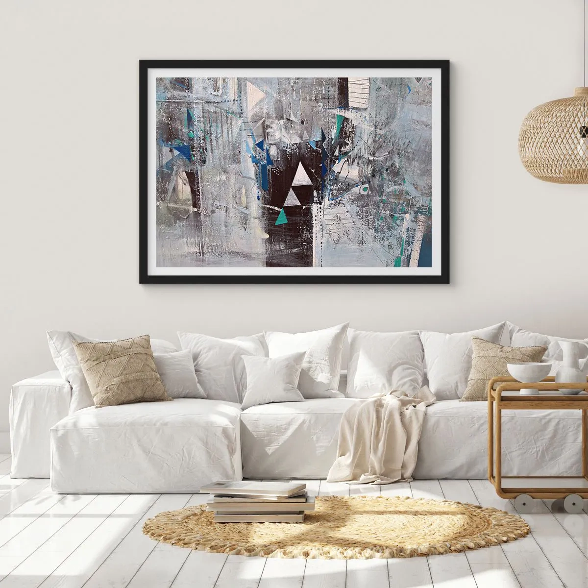 Poster in einem schwarzem Rahmen - Abstrakte Komposition mit Dreiecken und geometrischen Mustern - 100x70cm - Überschreibende Reihenfolge der Dreiecke - Moderne Wanddekoration für Wohnzimmer und Schlafzimmer ARTTOR