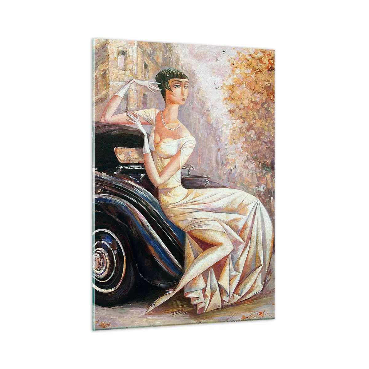 Glasbild - Bild auf glas - Elegante Frau neben einem Retro-Auto in urbaner Umgebung - 50x70cm - Eleganz im Retro-Stil - Moderne Wanddekoration für Wohnzimmer und Schlafzimmer ARTTOR