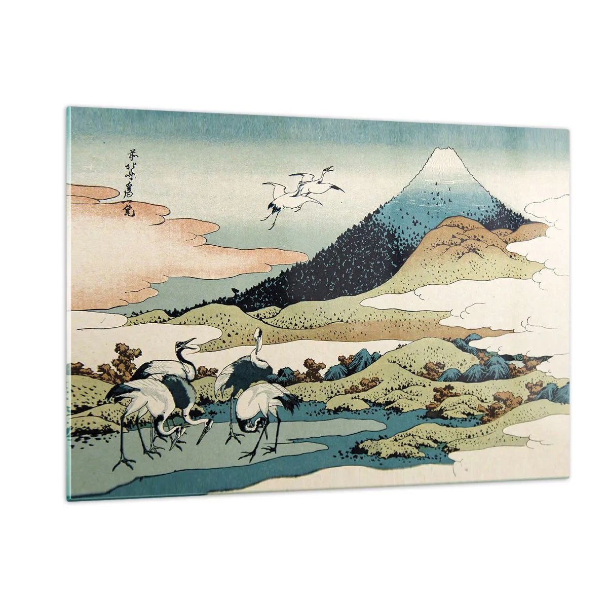 Glasbild - Bild auf glas - Ein Gemälde von Vögeln in einer japanischen Landschaft mit Blick auf den Berg Fuji. - 120x80cm - Im japanischen Geist - Moderne Wanddekoration für Wohnzimmer und Schlafzimmer ARTTOR