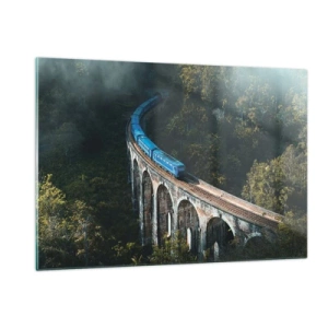 Glasbild - Bild auf glas - Ein blauer Zug, der auf einem Steinviadukt im Wald fährt - 120x80cm - Neigung zur Natur - Moderne Wanddekoration für Wohnzimmer und Schlafzimmer ARTTOR