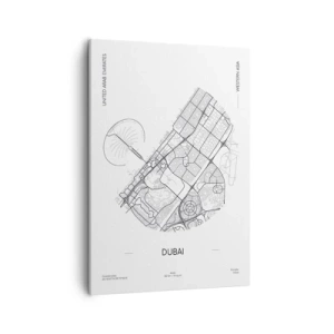 Bild auf Leinwand - Leinwandbild - Eine minimalistische Schwarzweißkarte von Dubai mit Standortmarkierungen. - 50x70cm - Anatomie von Dubai - Moderne Wanddekoration für Wohnzimmer und Schlafzimmer ARTTOR