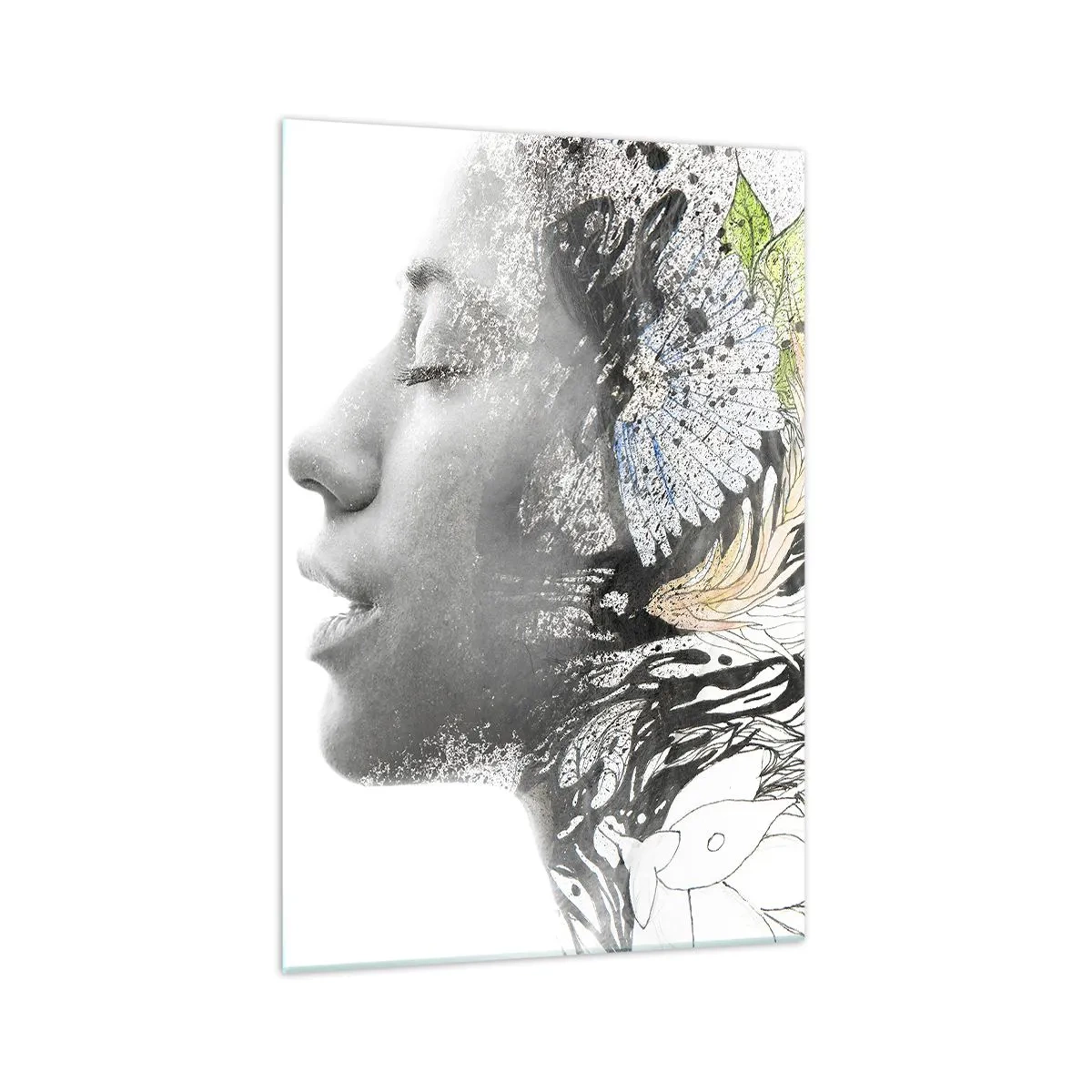 Glasbild - Bild auf glas - Profil einer Frau in einer künstlerischen Collage aus Natur und Schwärze - 70x100cm - Eingebettet in der Natur - Moderne Wanddekoration für Wohnzimmer und Schlafzimmer ARTTOR